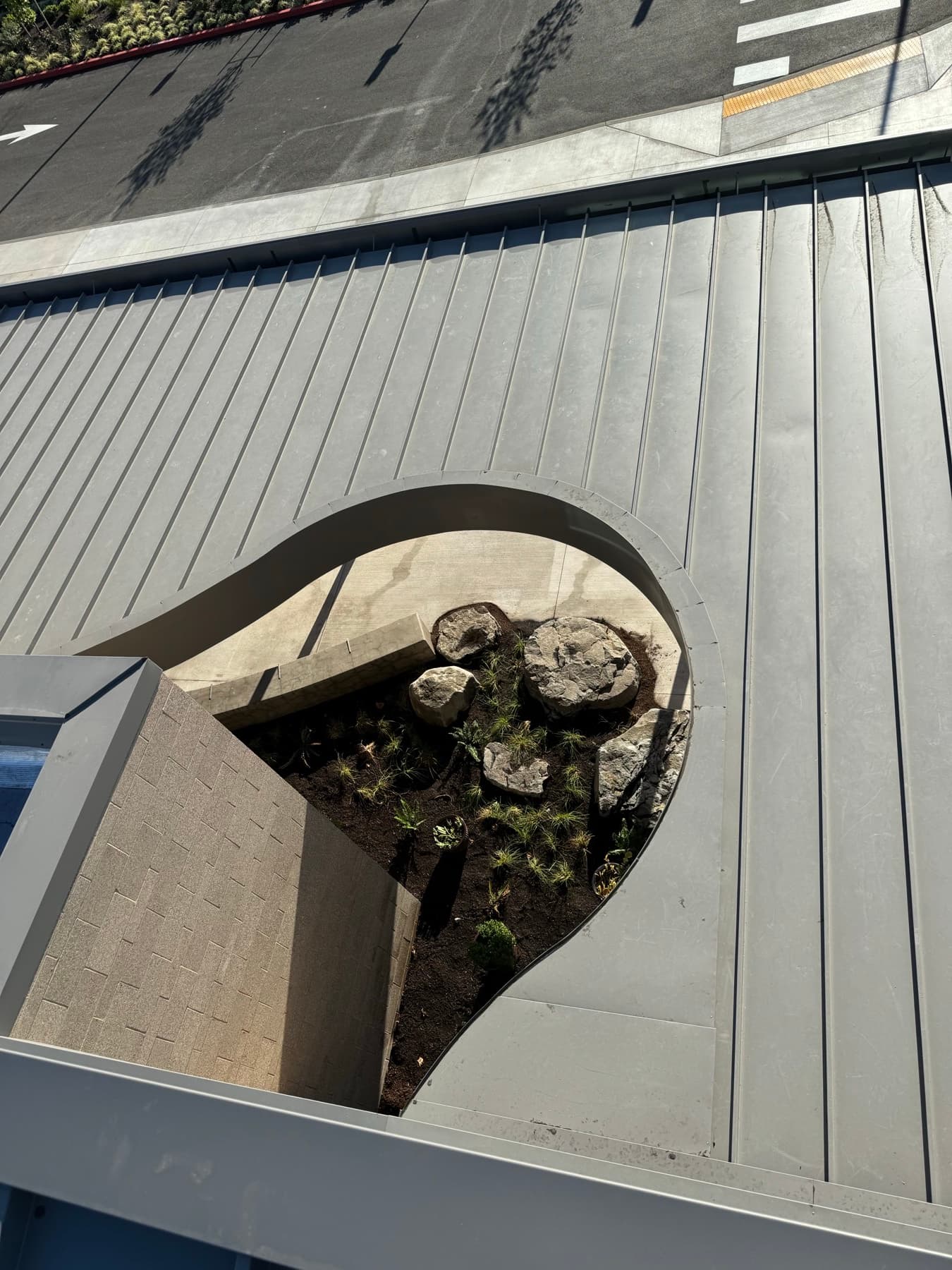 Metal roof around a round drainage opening with debris collected inside