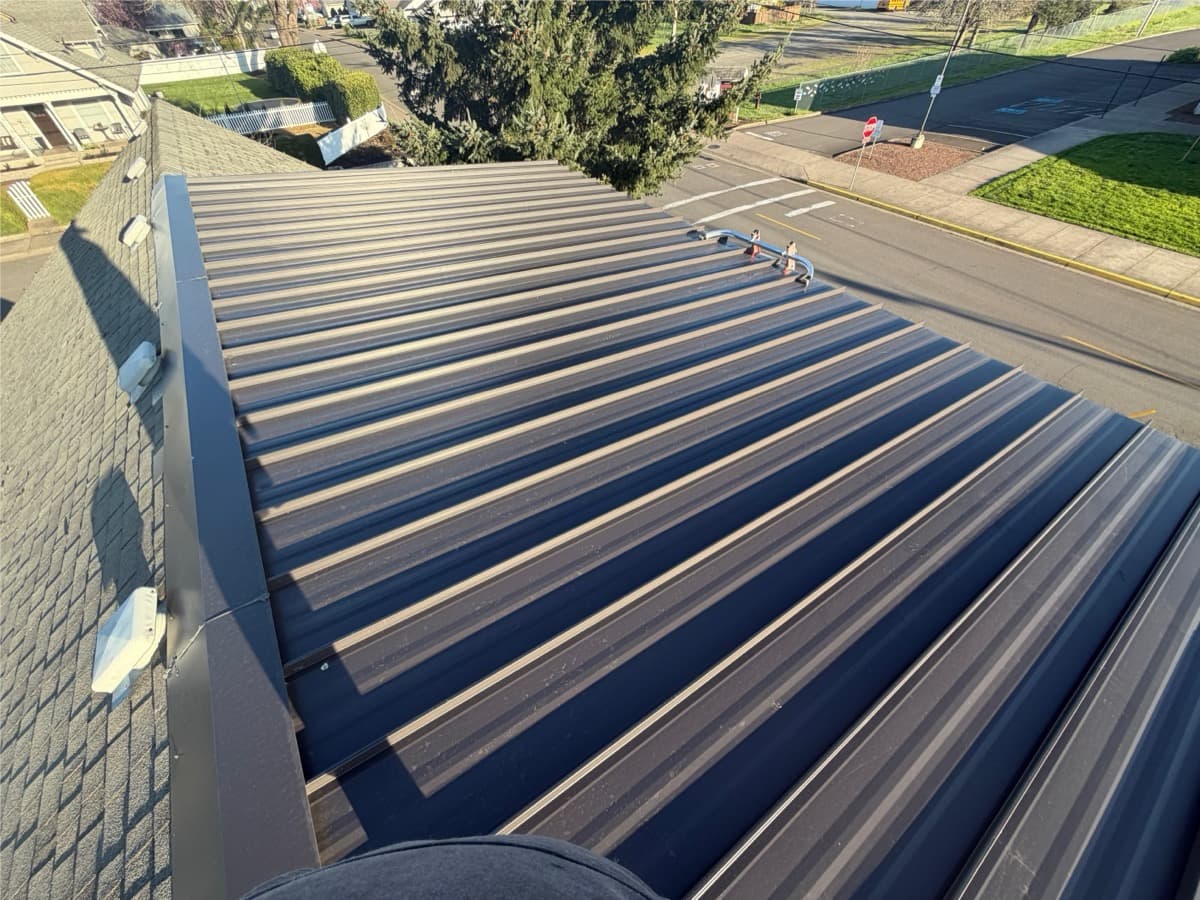 Dark standing seam metal roof running toward a residential street