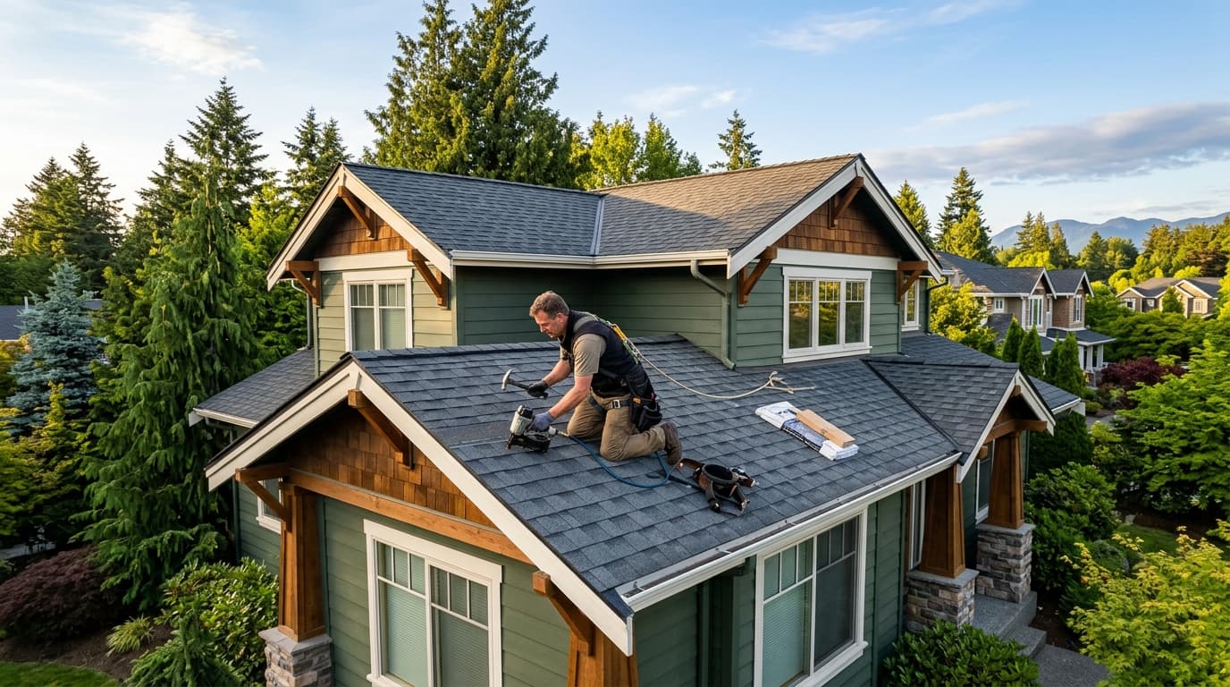 Roofer working on a dark shingle roof of a craftsman home surrounded by evergreens